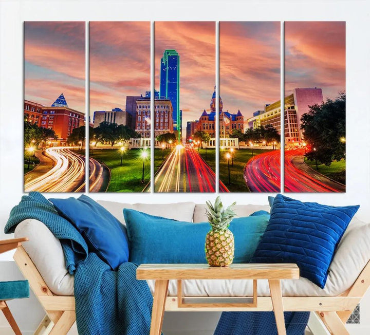 Dallas City Traffic Lights Sunset Skyline Cityscape Large Wall Art Canvas Print