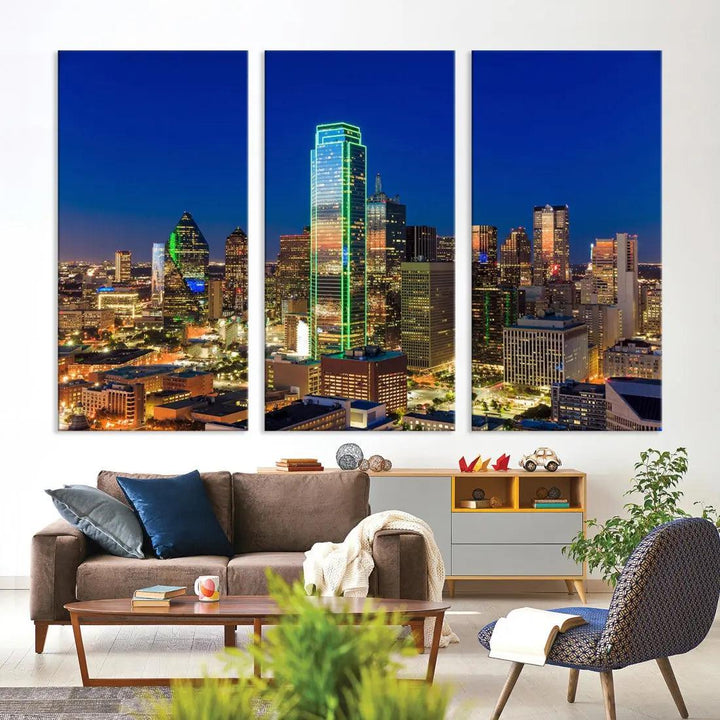 Dallas Downtown Night Skyline Cityscape View Large Wall Art Canvas Print