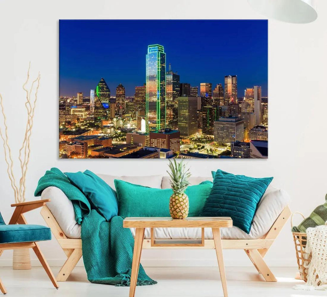 Dallas Downtown Night Skyline Cityscape View Large Wall Art Canvas Print