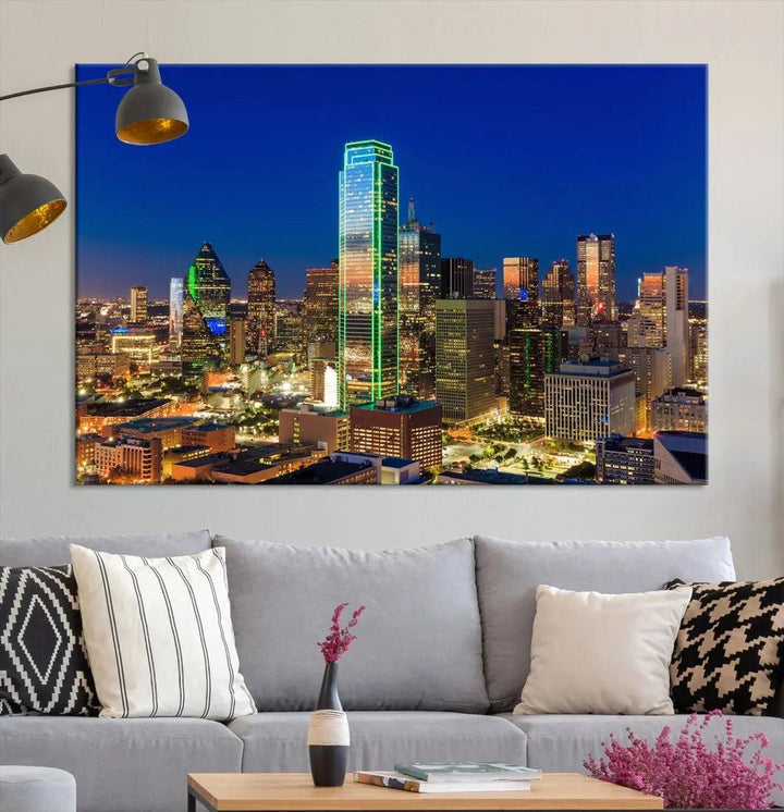 Dallas Downtown Night Skyline Cityscape View Large Wall Art Canvas Print