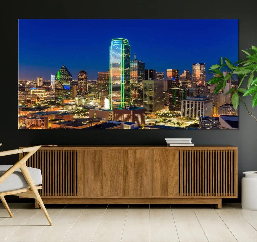 Dallas Downtown Night Skyline Cityscape View Large Wall Art Canvas Print