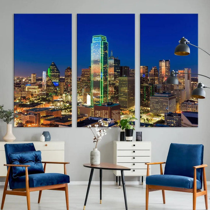 Dallas Downtown Night Skyline Cityscape View Large Wall Art Canvas Print