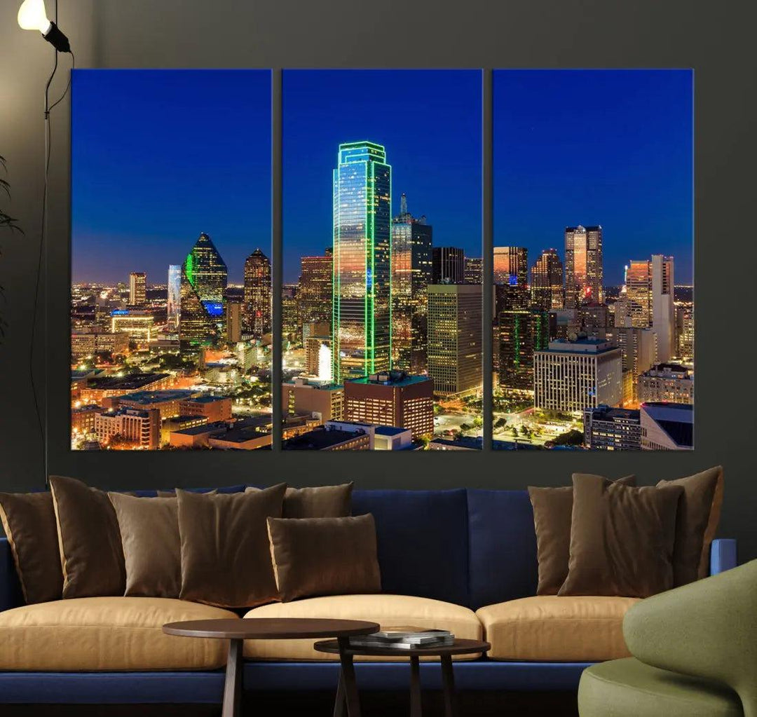 Dallas Downtown Night Skyline Cityscape View Large Wall Art Canvas Print