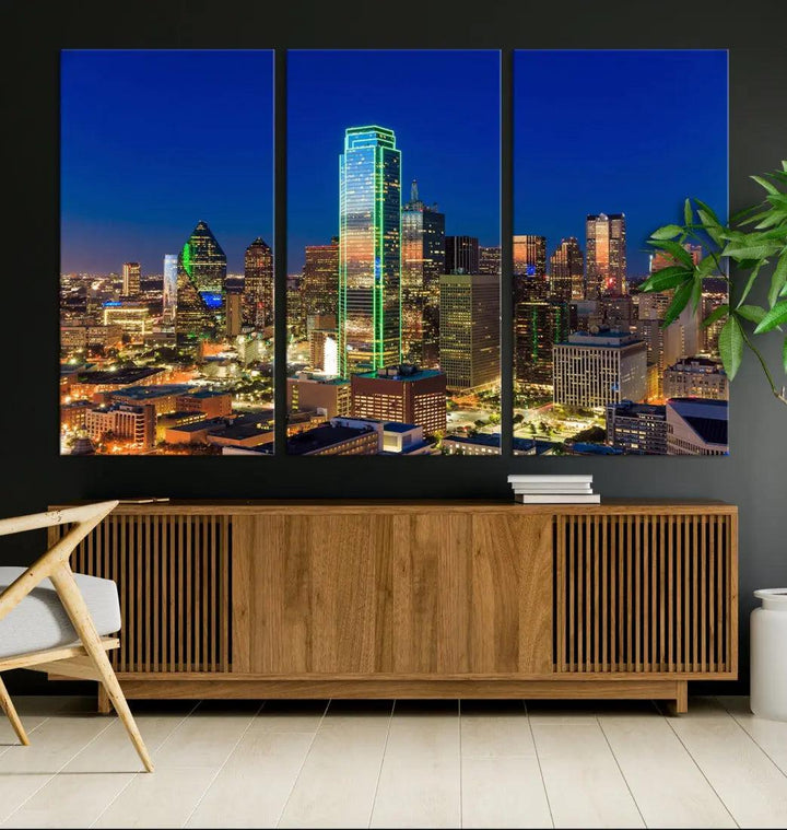 Dallas Downtown Night Skyline Cityscape View Large Wall Art Canvas Print