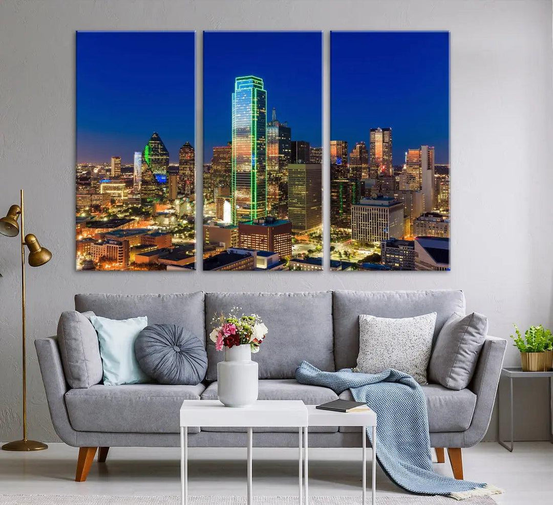 Dallas Downtown Night Skyline Cityscape View Large Wall Art Canvas Print