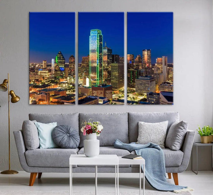 Dallas Downtown Night Skyline Cityscape View Large Wall Art Canvas Print