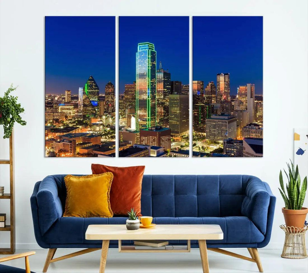 Dallas Downtown Night Skyline Cityscape View Large Wall Art Canvas Print