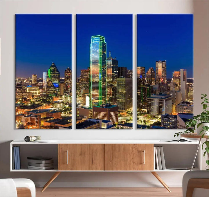 Dallas Downtown Night Skyline Cityscape View Large Wall Art Canvas Print