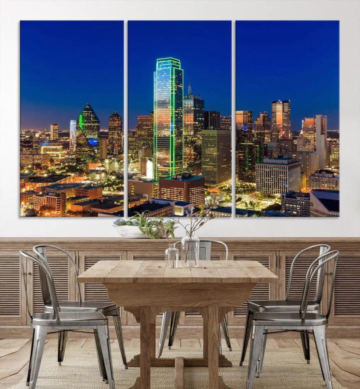 Dallas Downtown Night Skyline Cityscape View Large Wall Art Canvas Print