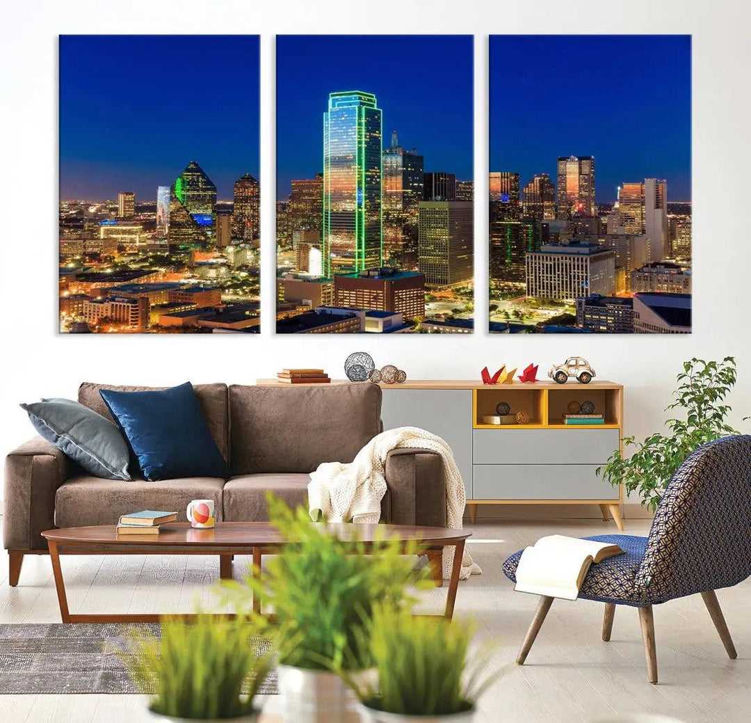 Dallas Downtown Night Skyline Cityscape View Large Wall Art Canvas Print