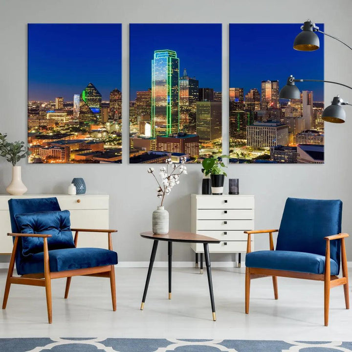 Dallas Downtown Night Skyline Cityscape View Large Wall Art Canvas Print