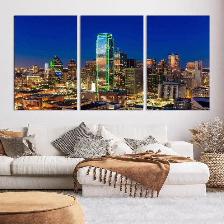 Dallas Downtown Night Skyline Cityscape View Large Wall Art Canvas Print