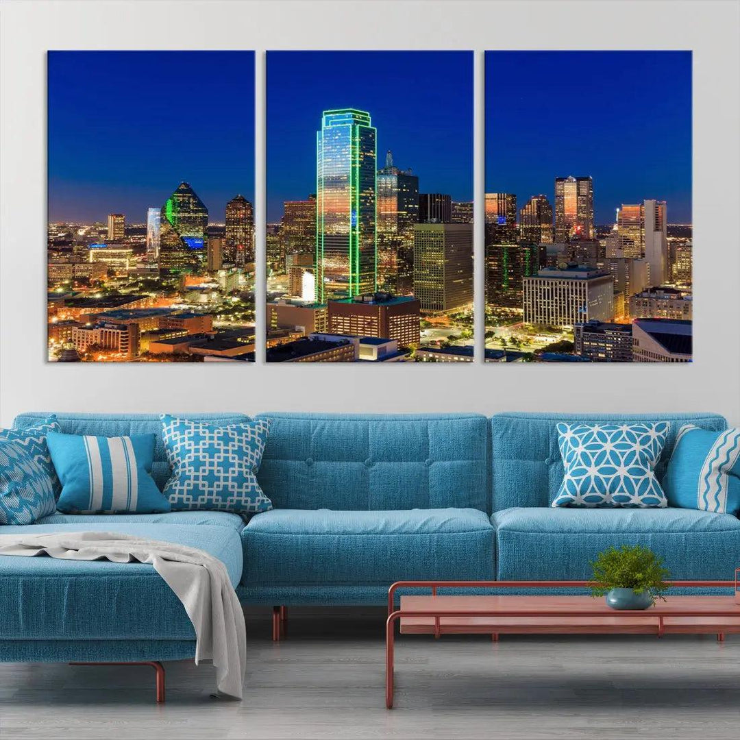 Dallas Downtown Night Skyline Cityscape View Large Wall Art Canvas Print