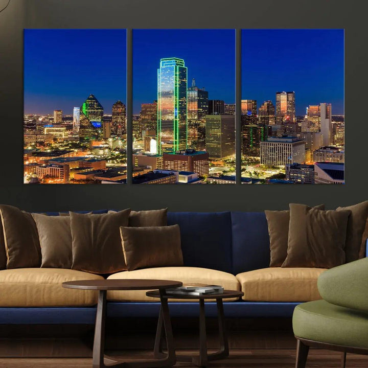 Dallas Downtown Night Skyline Cityscape View Large Wall Art Canvas Print