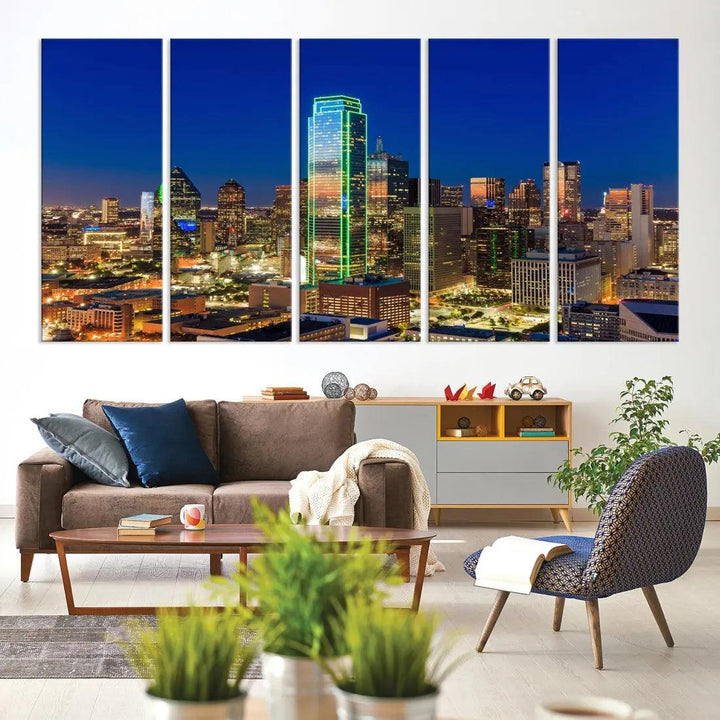 Dallas Downtown Night Skyline Cityscape View Large Wall Art Canvas Print