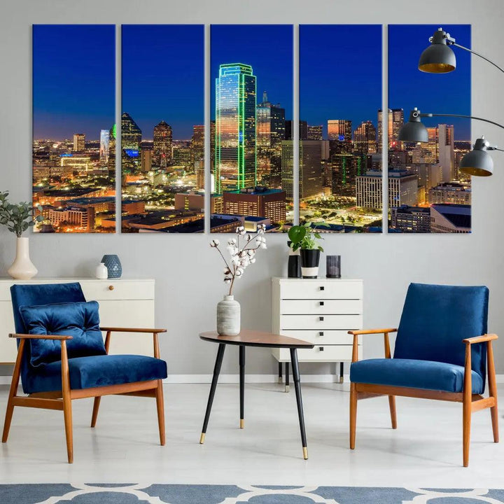 Dallas Downtown Night Skyline Cityscape View Large Wall Art Canvas Print