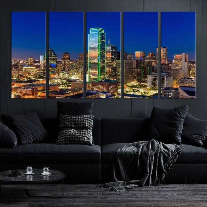 Dallas Downtown Night Skyline Cityscape View Large Wall Art Canvas Print