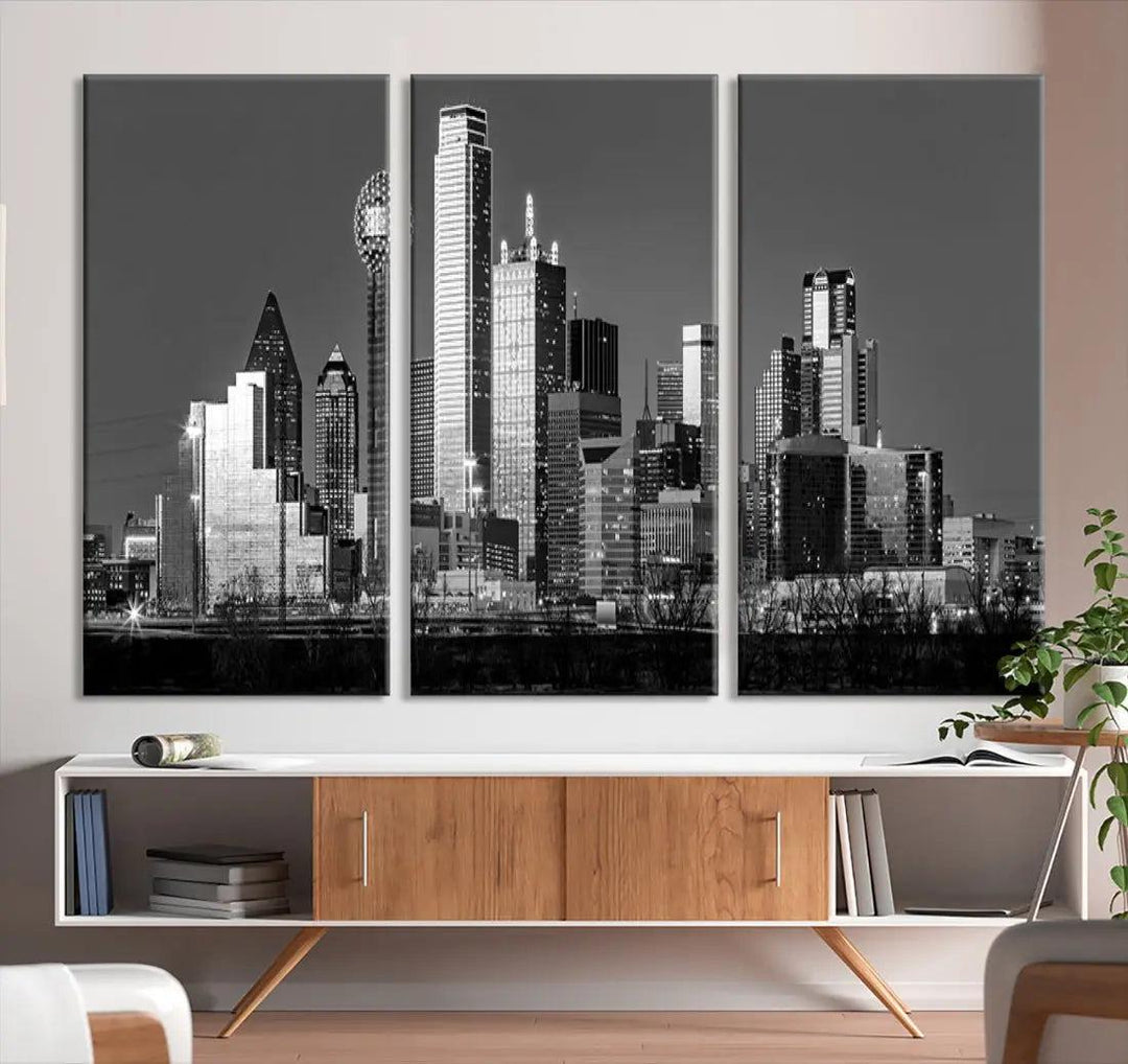 Dallas Skyscrapers Skyline Black and White Modern Wall Art Canvas Print