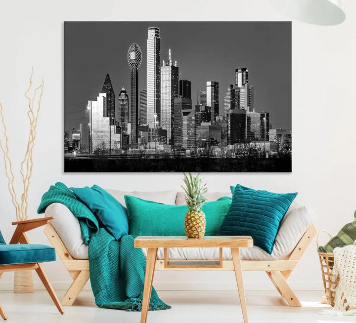 Dallas Skyscrapers Skyline Black and White Modern Wall Art Canvas Print