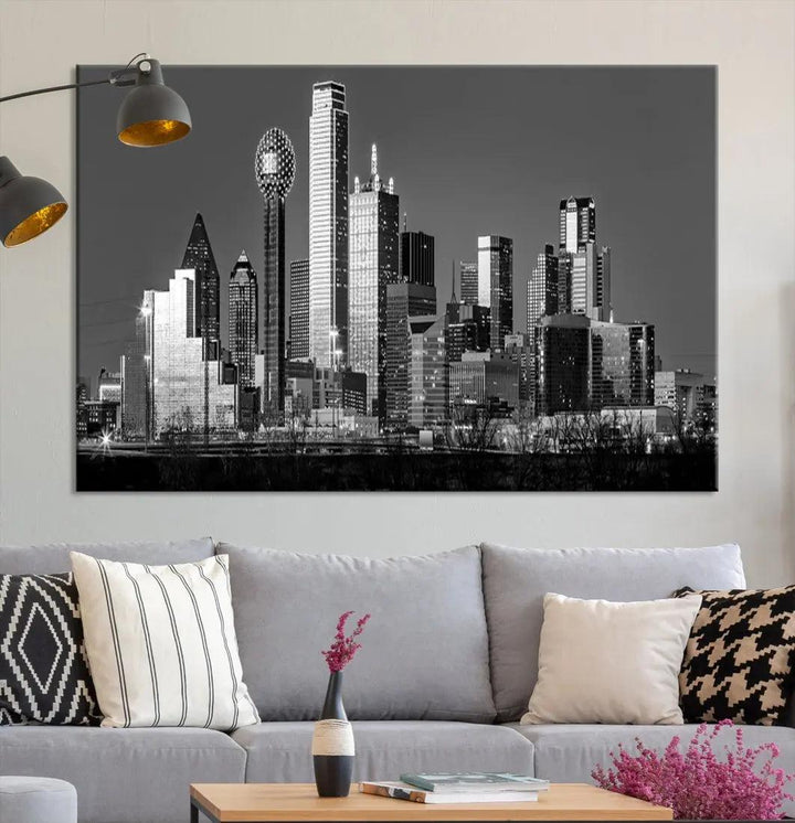 Dallas Skyscrapers Skyline Black and White Modern Wall Art Canvas Print