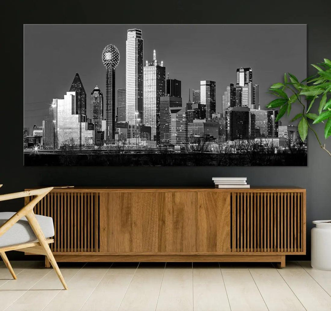 Dallas Skyscrapers Skyline Black and White Modern Wall Art Canvas Print