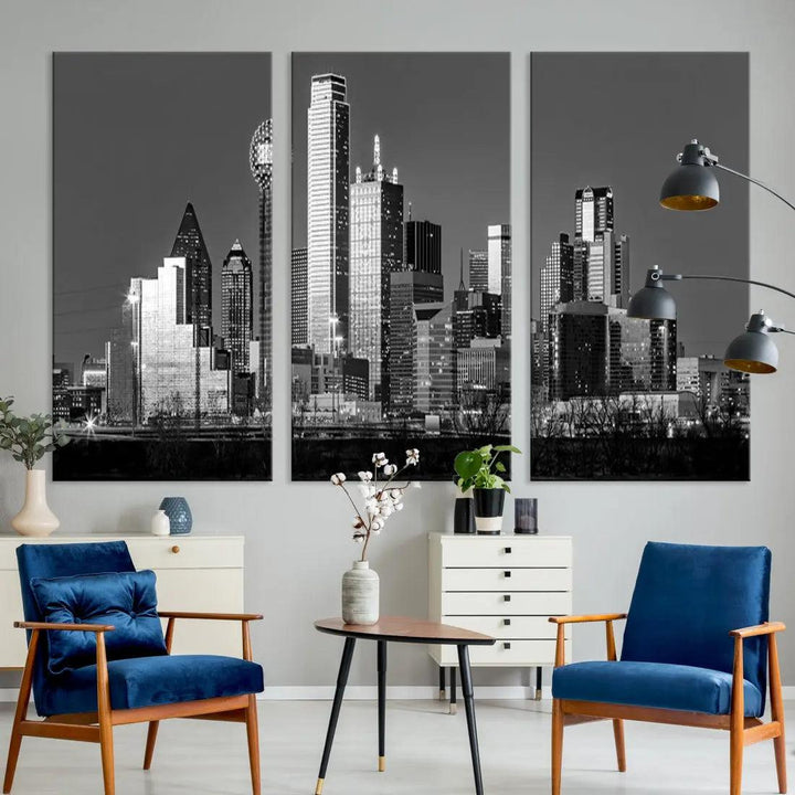 Dallas Skyscrapers Skyline Black and White Modern Wall Art Canvas Print