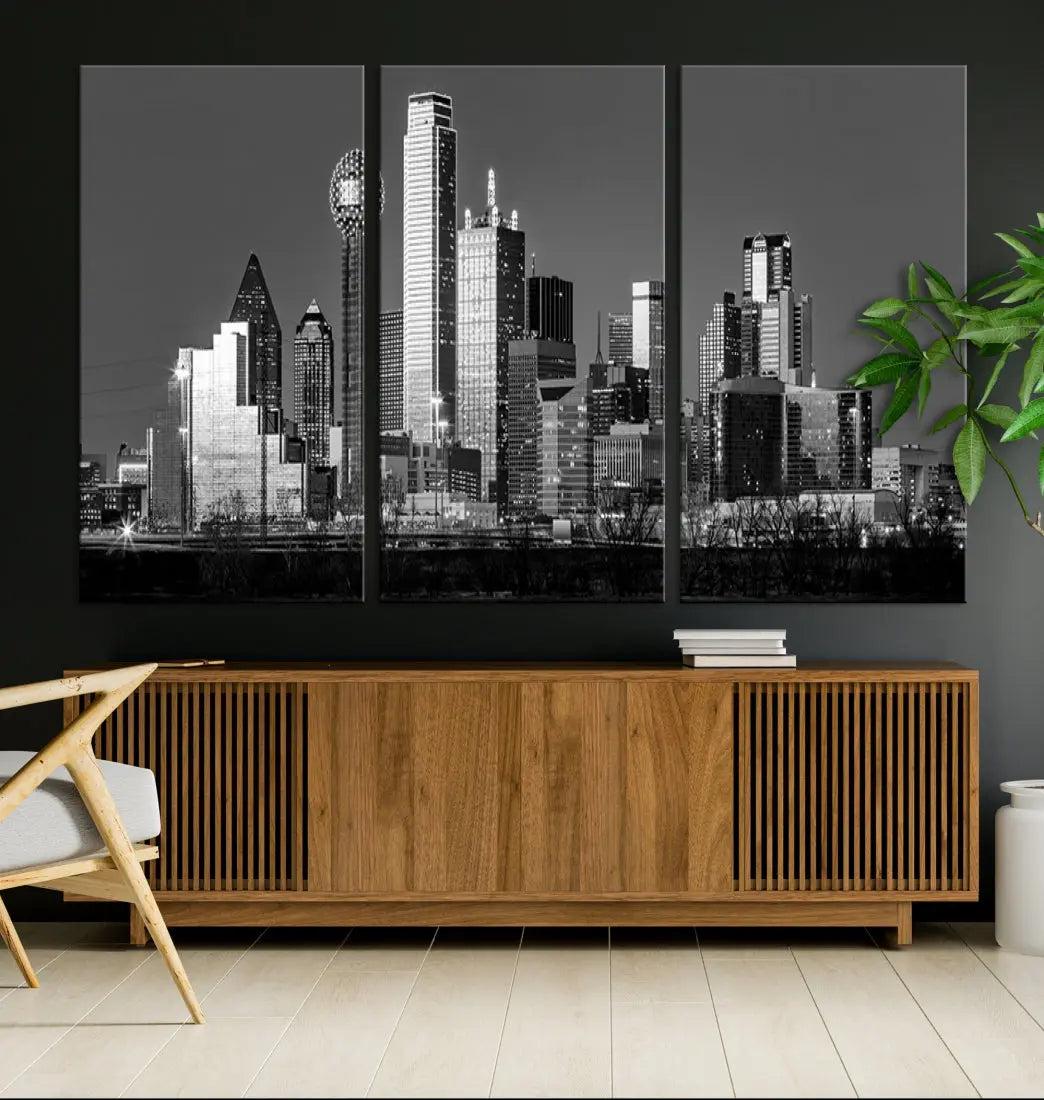 Dallas Skyscrapers Skyline Black and White Modern Wall Art Canvas Print