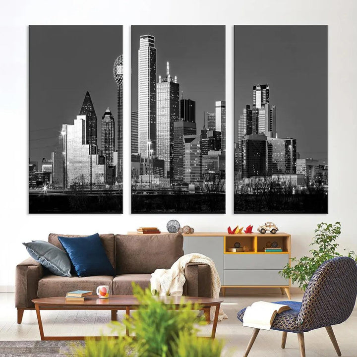 Dallas Skyscrapers Skyline Black and White Modern Wall Art Canvas Print