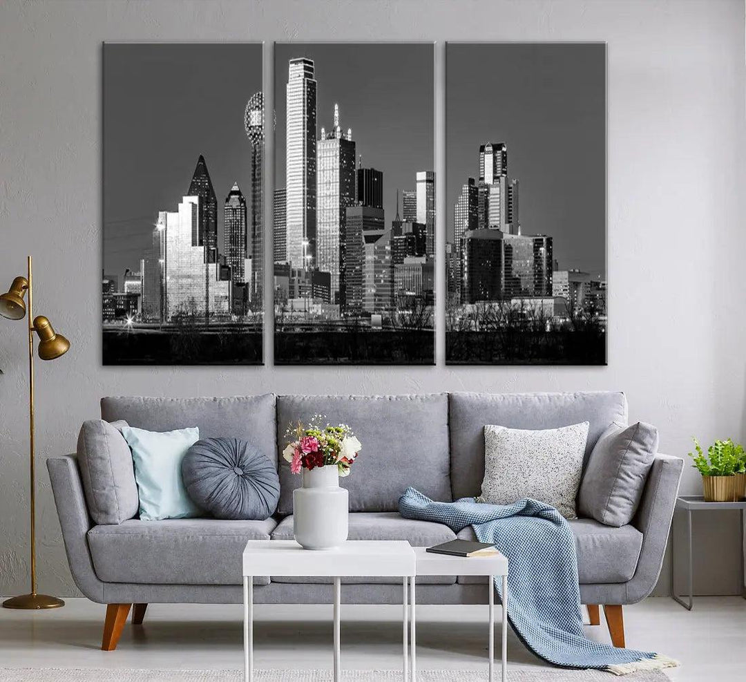 Dallas Skyscrapers Skyline Black and White Modern Wall Art Canvas Print