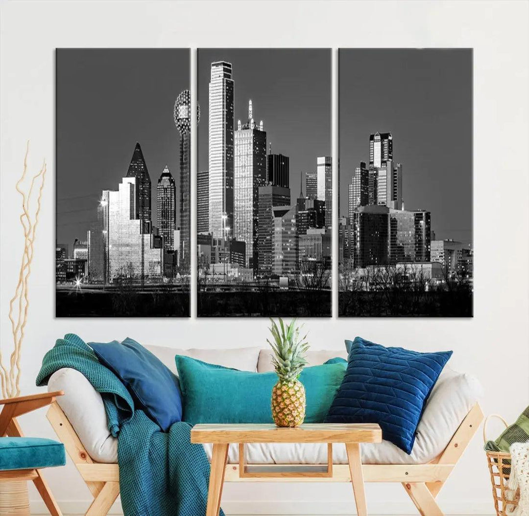 Dallas Skyscrapers Skyline Black and White Modern Wall Art Canvas Print