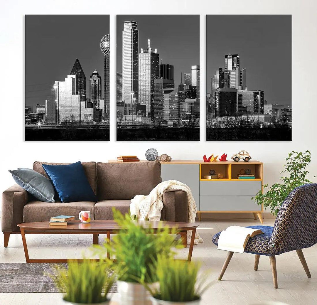 Dallas Skyscrapers Skyline Black and White Modern Wall Art Canvas Print