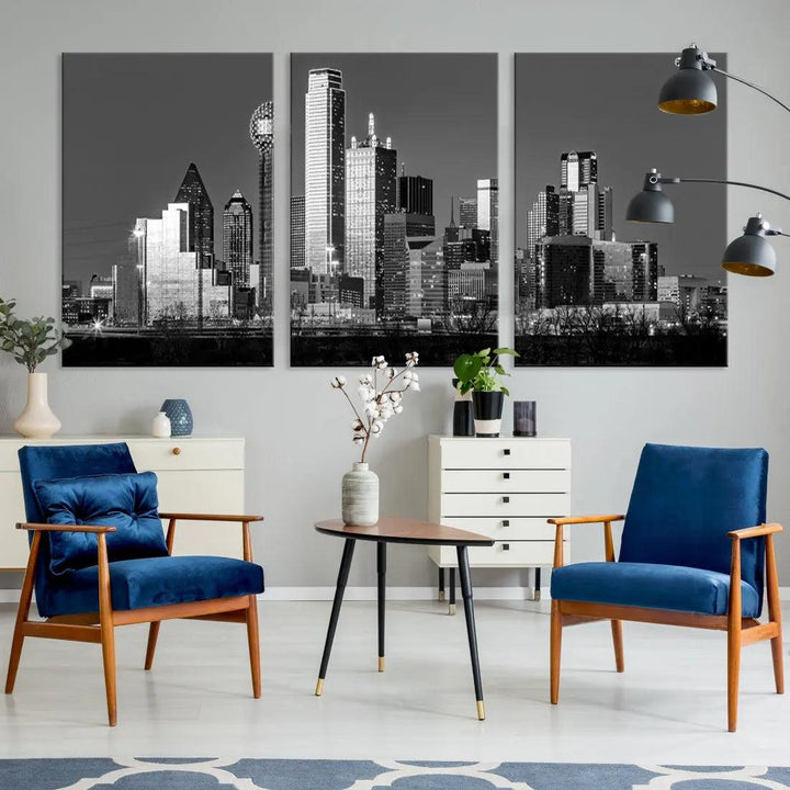 Dallas Skyscrapers Skyline Black and White Modern Wall Art Canvas Print