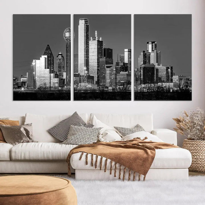 Dallas Skyscrapers Skyline Black and White Modern Wall Art Canvas Print