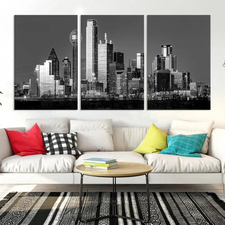 Dallas Skyscrapers Skyline Black and White Modern Wall Art Canvas Print