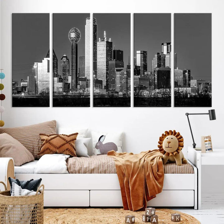 Dallas Skyscrapers Skyline Black and White Modern Wall Art Canvas Print