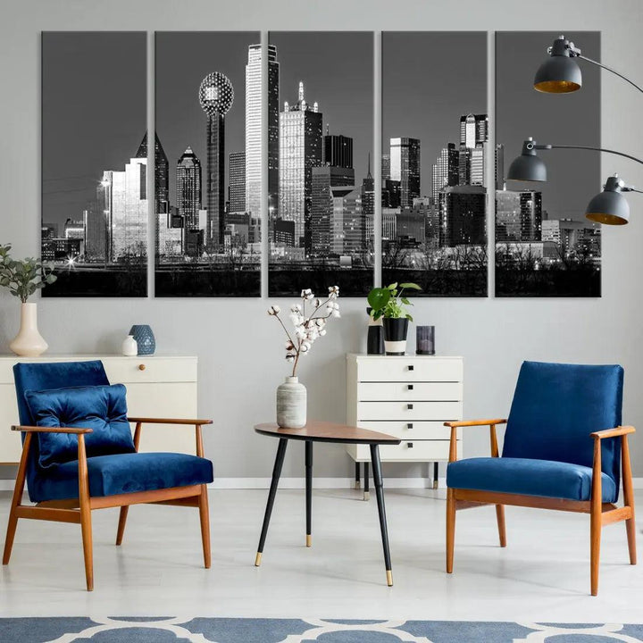 Dallas Skyscrapers Skyline Black and White Modern Wall Art Canvas Print