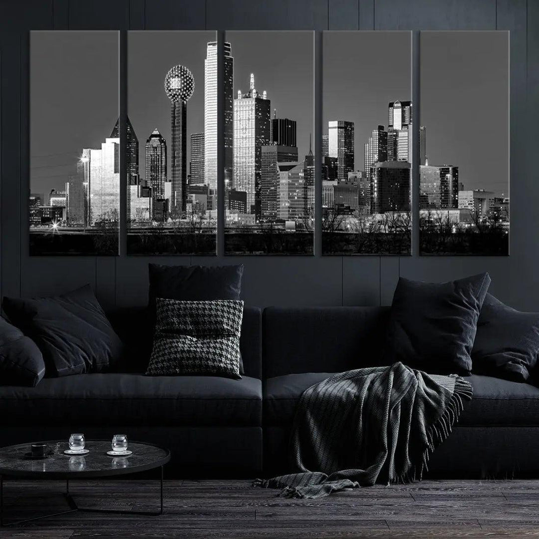 Dallas Skyscrapers Skyline Black and White Modern Wall Art Canvas Print