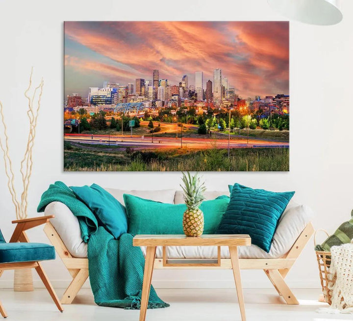 Denver Downtown Sunset Skyline Large Wall Art Canvas Print