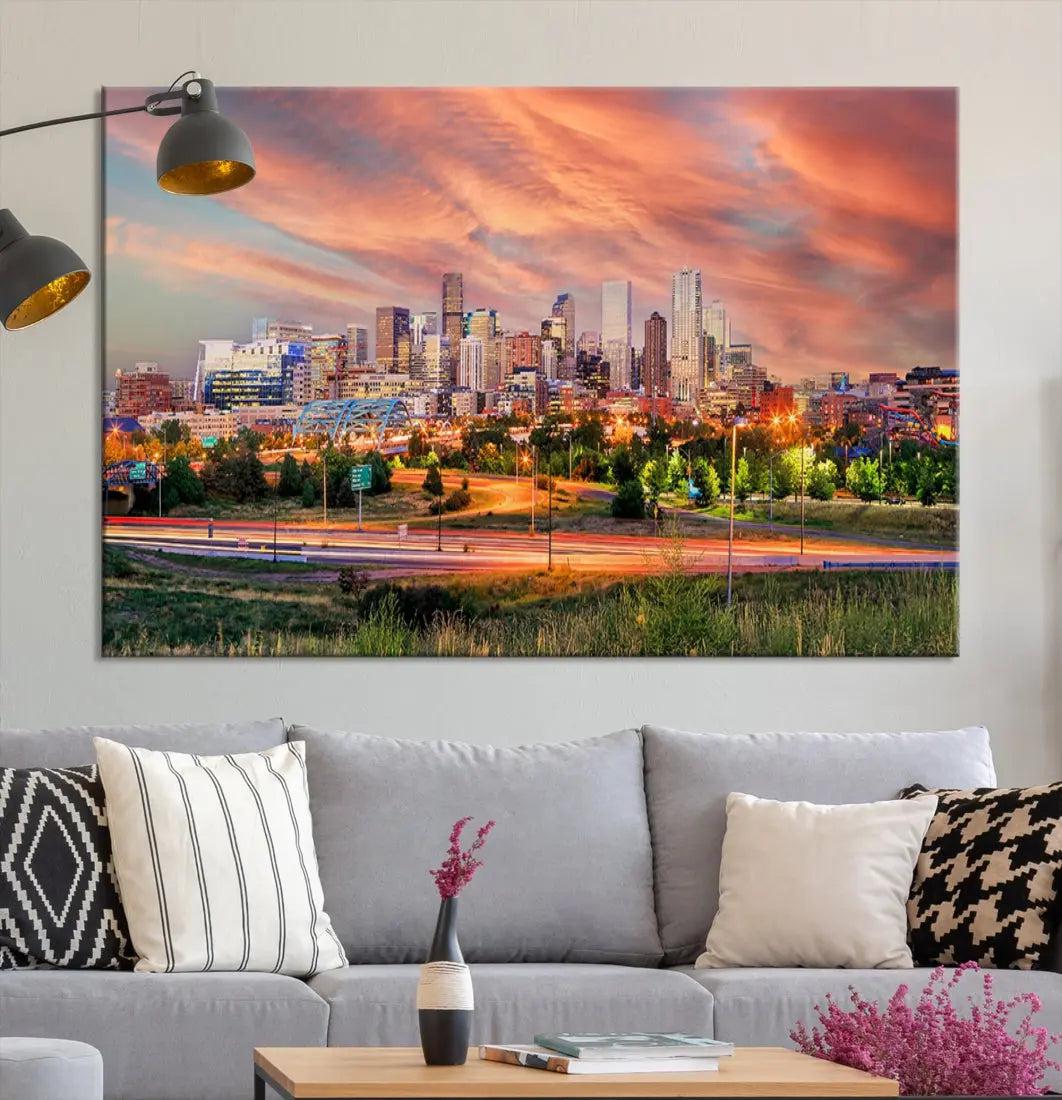 Denver Downtown Sunset Skyline Large Wall Art Canvas Print