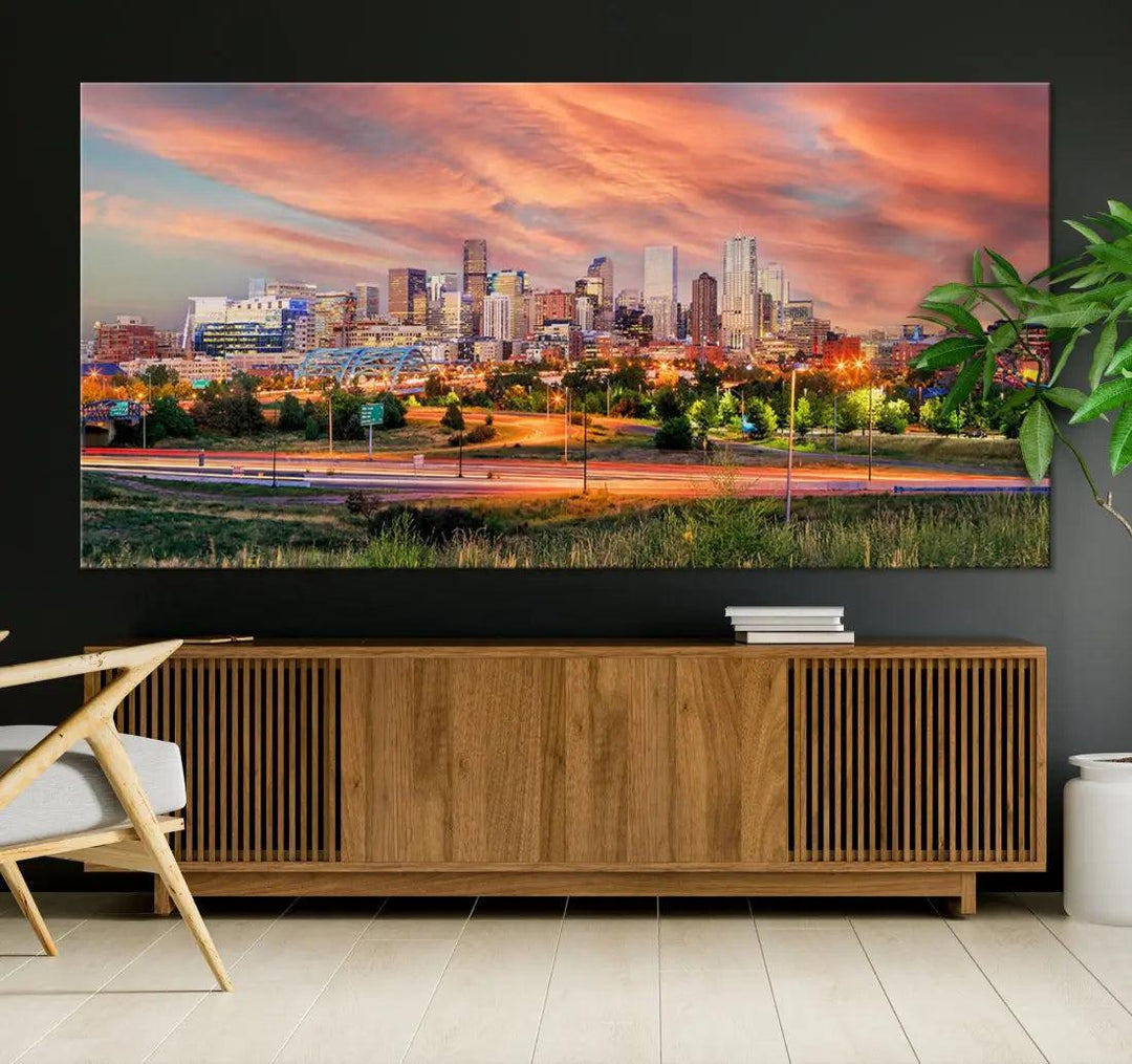 Denver Downtown Sunset Skyline Large Wall Art Canvas Print