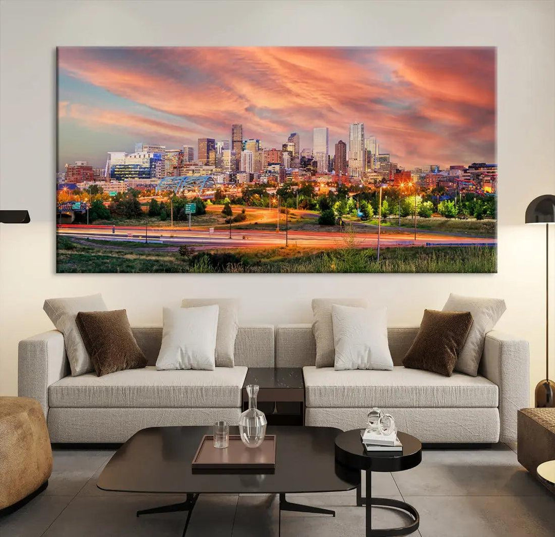 Denver Downtown Sunset Skyline Large Wall Art Canvas Print