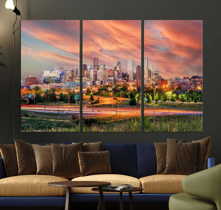 Denver Downtown Sunset Skyline Large Wall Art Canvas Print