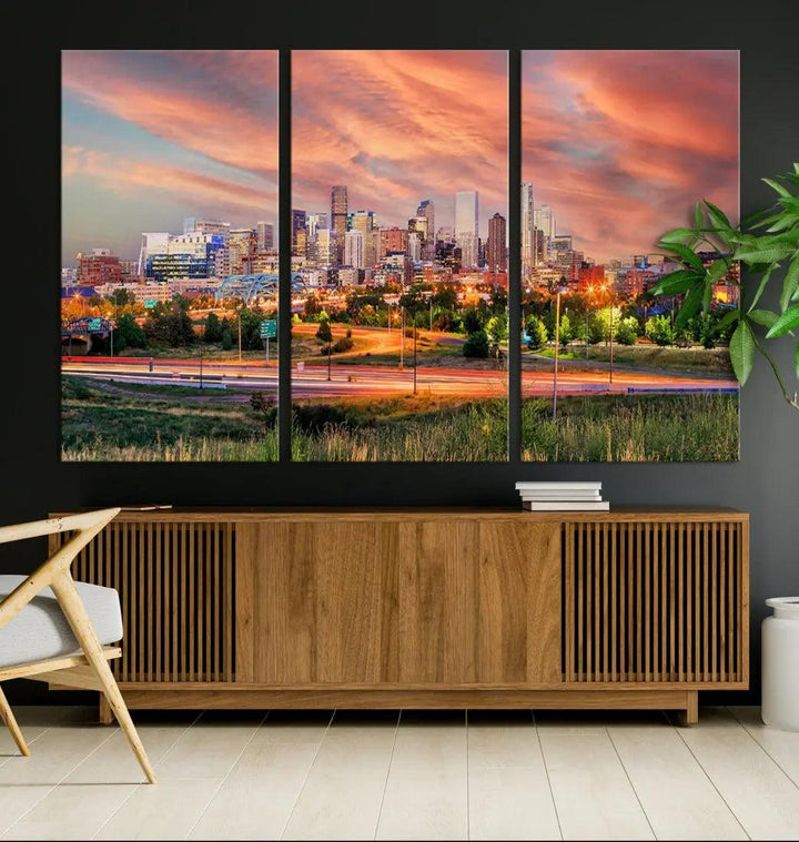 Denver Downtown Sunset Skyline Large Wall Art Canvas Print