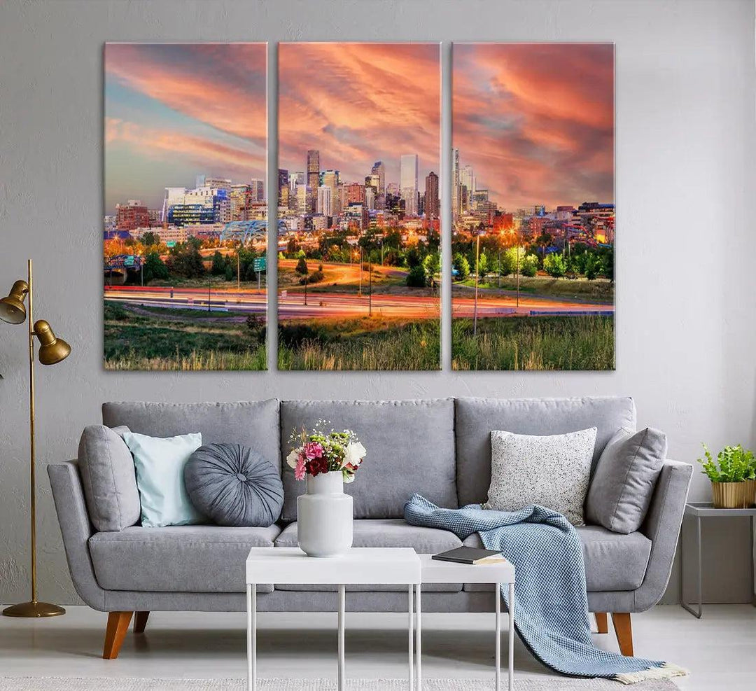 Denver Downtown Sunset Skyline Large Wall Art Canvas Print