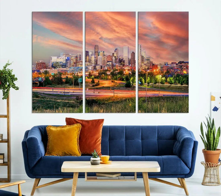 Denver Downtown Sunset Skyline Large Wall Art Canvas Print