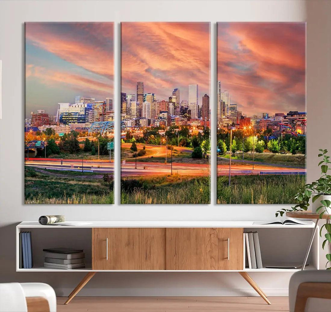 Denver Downtown Sunset Skyline Large Wall Art Canvas Print