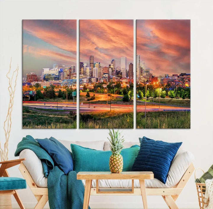 Denver Downtown Sunset Skyline Large Wall Art Canvas Print