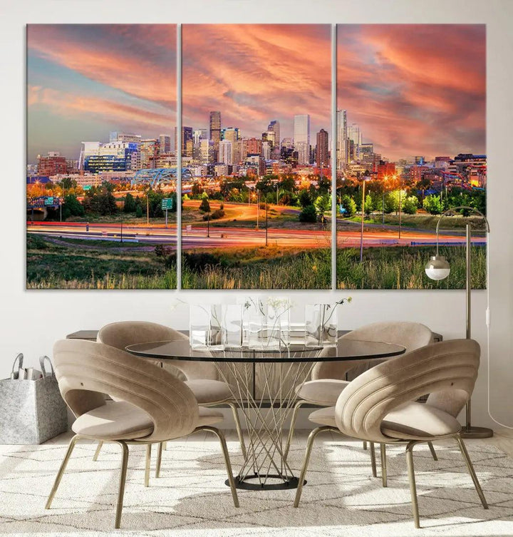 Denver Downtown Sunset Skyline Large Wall Art Canvas Print