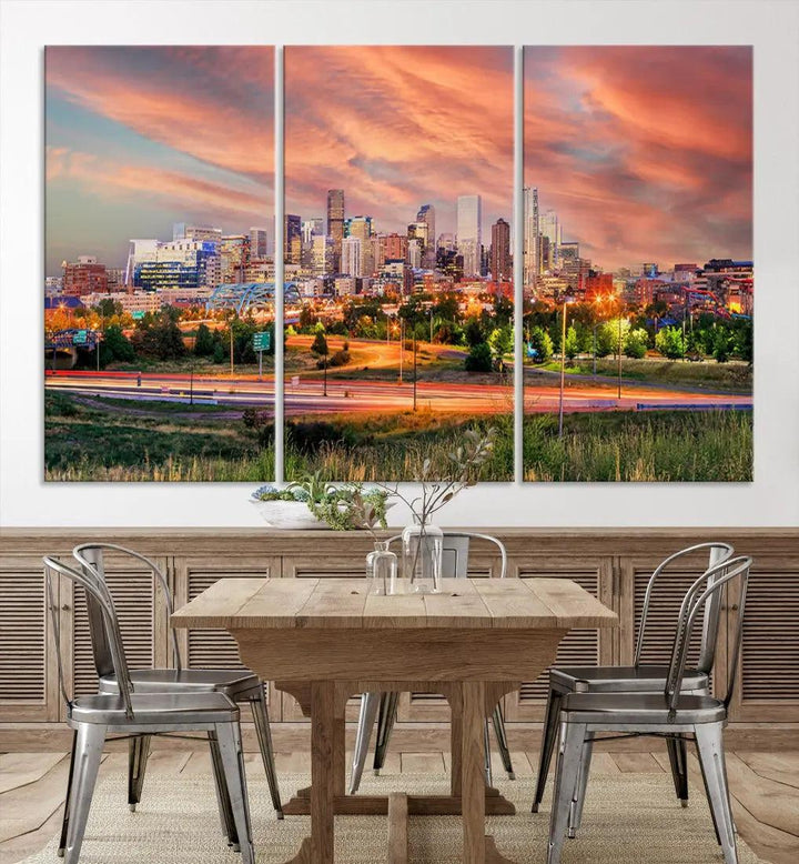 Denver Downtown Sunset Skyline Large Wall Art Canvas Print