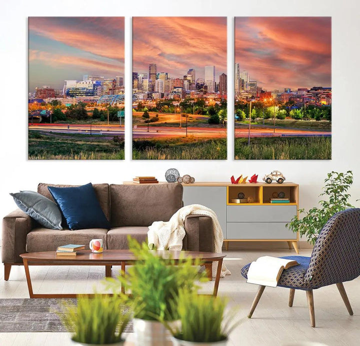 Denver Downtown Sunset Skyline Large Wall Art Canvas Print